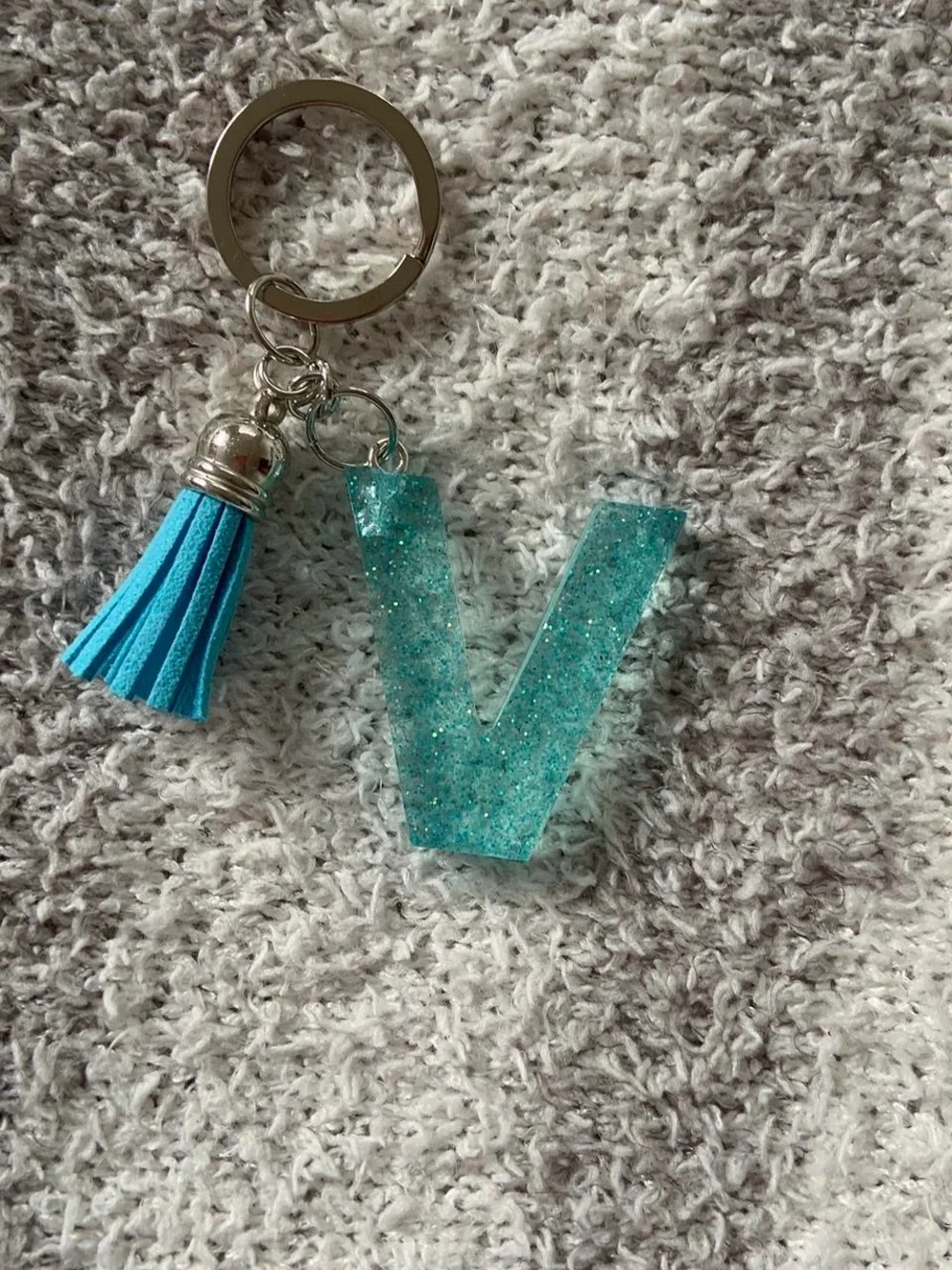 Personalized Glitter 'V' Keychain with Tassel